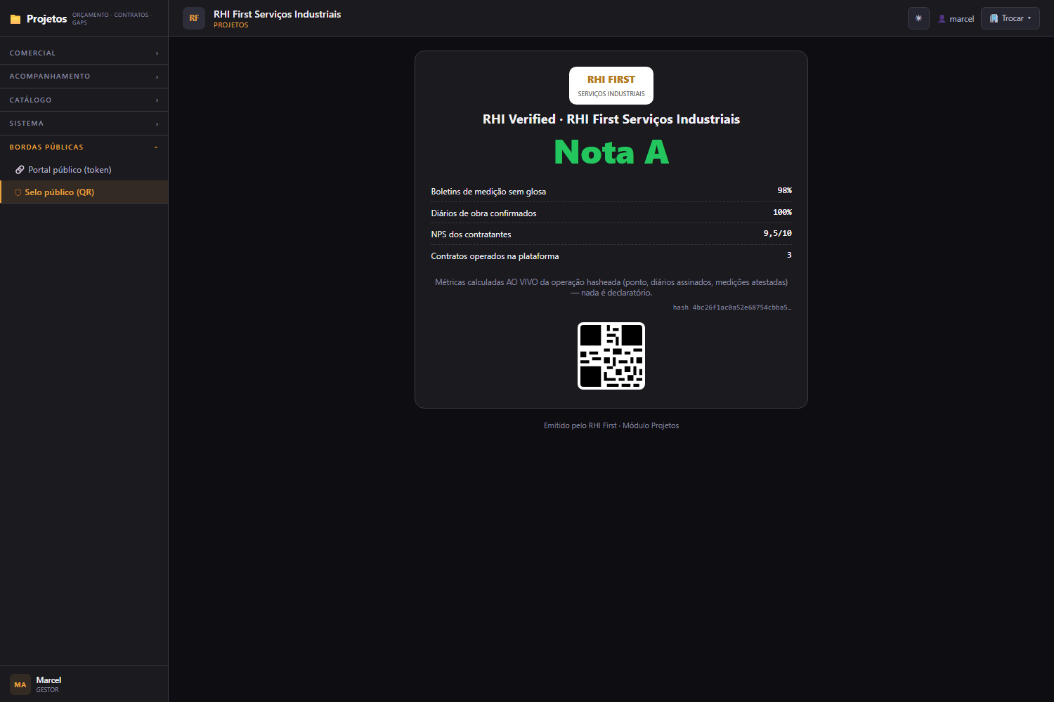A sua reputação de obra, verificável por QR. — Projetos