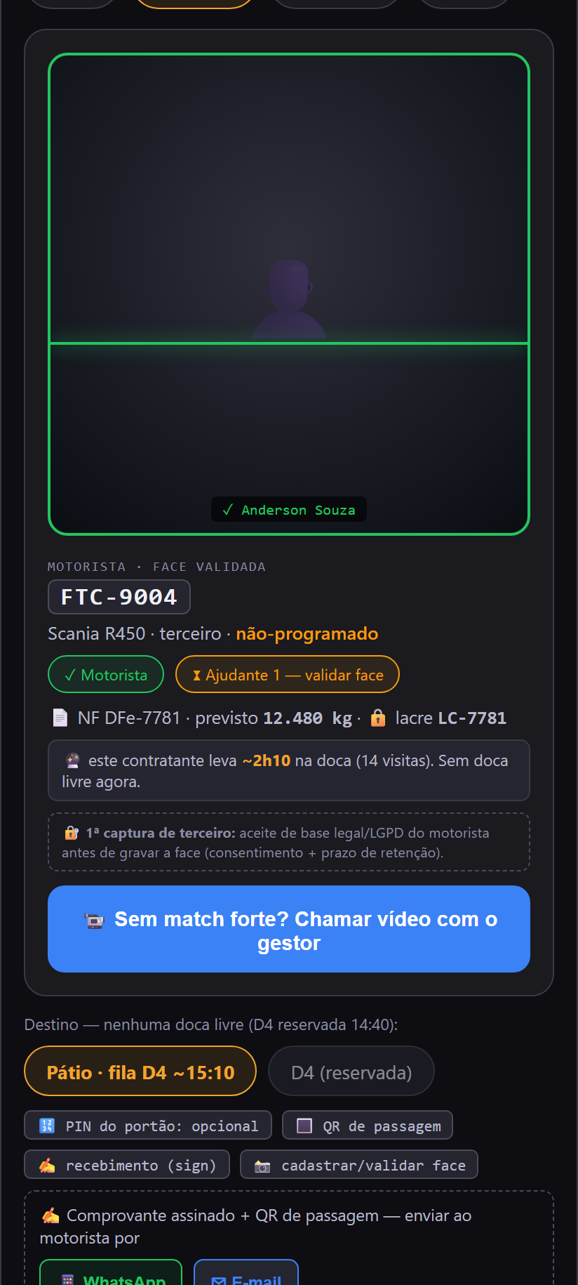 Face validada, nota e lacre — com a estadia que esse contratante costuma levar — app do colaborador Controle de Acesso