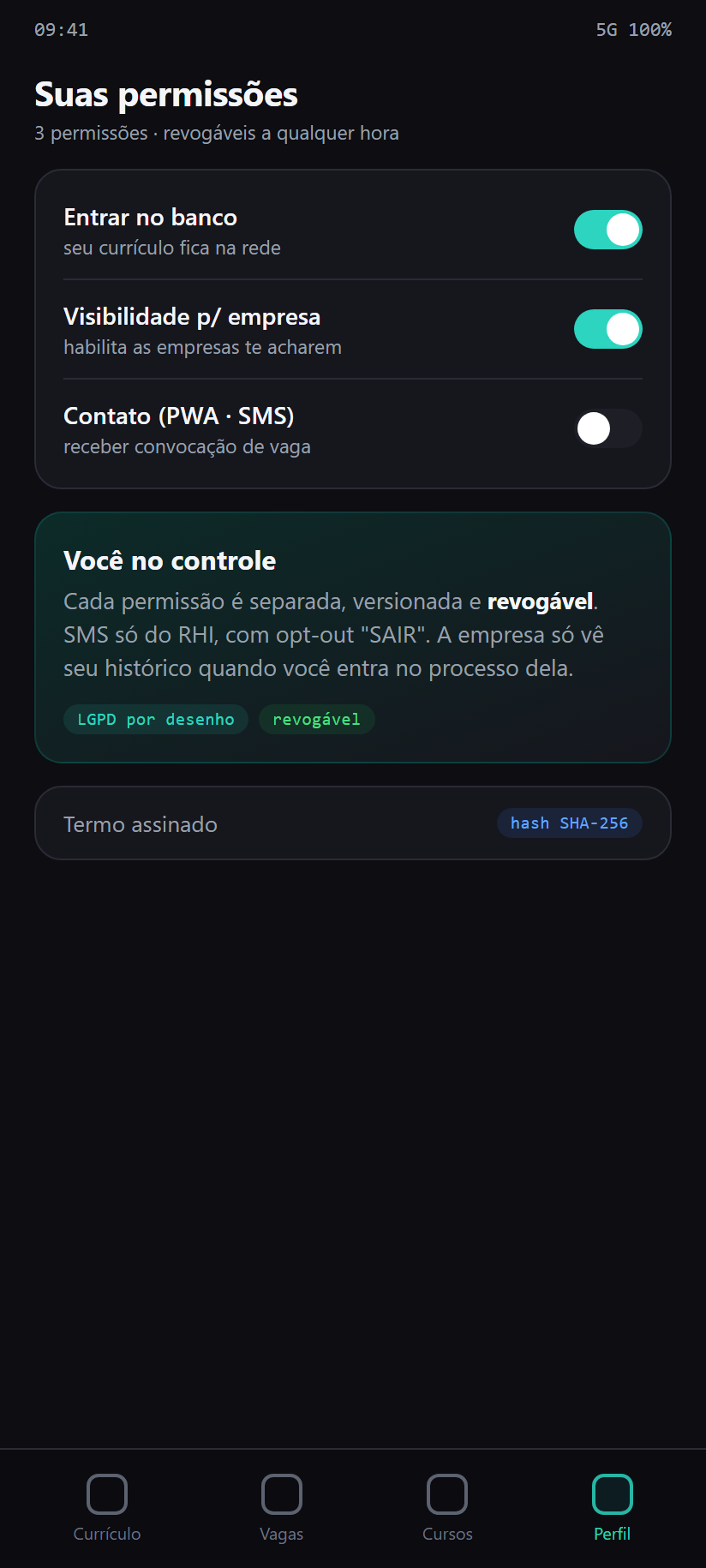 3 consentimentos LGPD, revogáveis — o candidato no controle — app do colaborador Contratação & Convocação