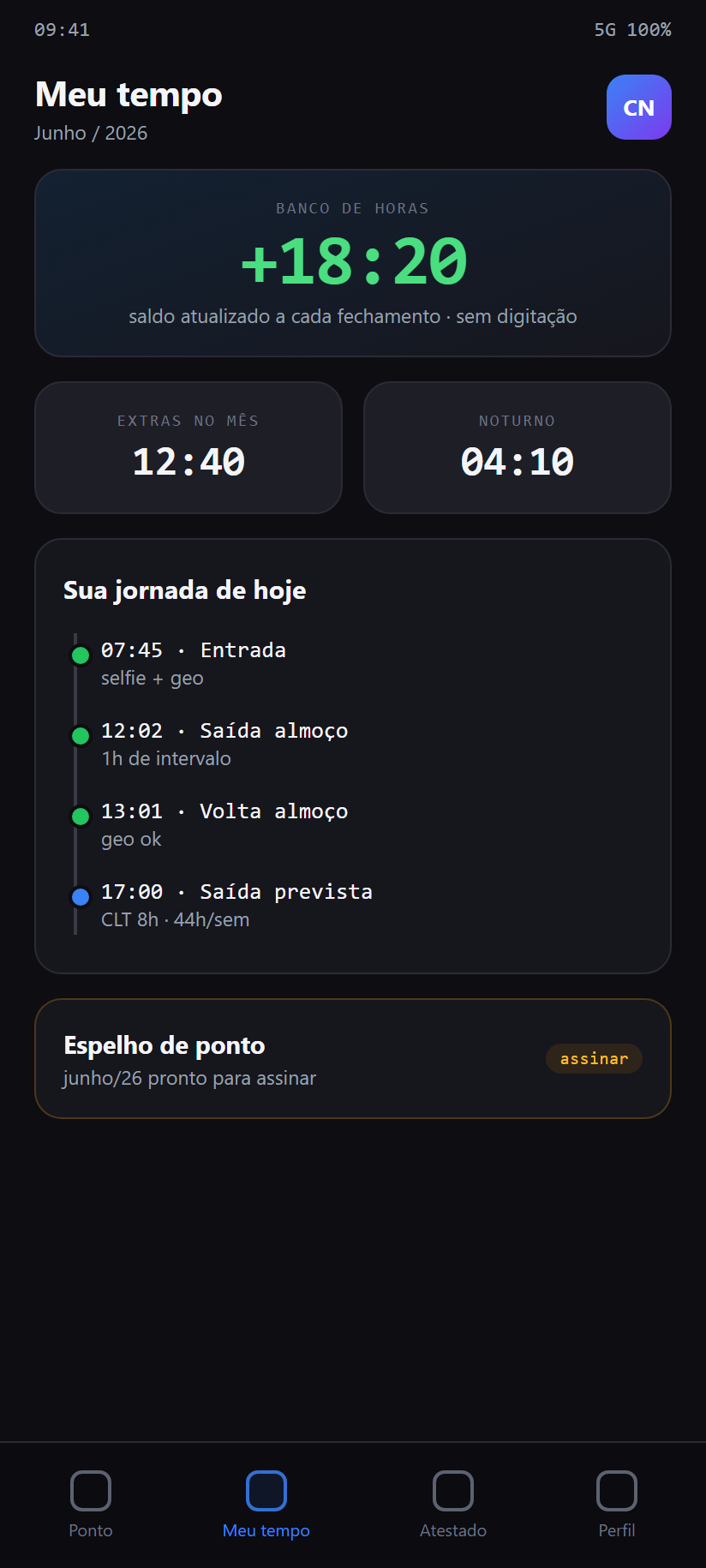 Banco de horas, jornada do dia e espelho para assinar — app do colaborador Tempo & Afastamento