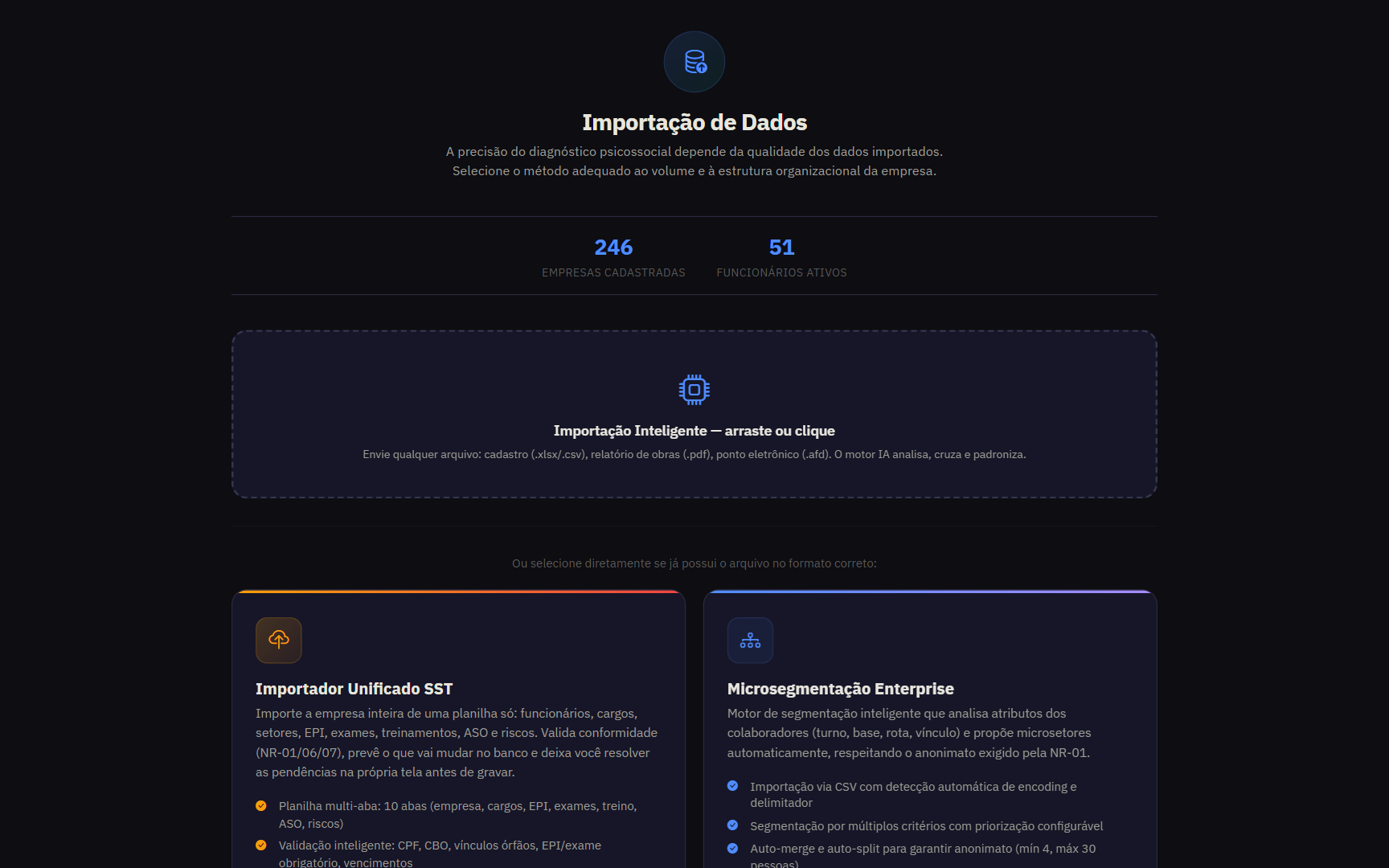Tela 03 — Importação & Microssegmentação: Psicossocial