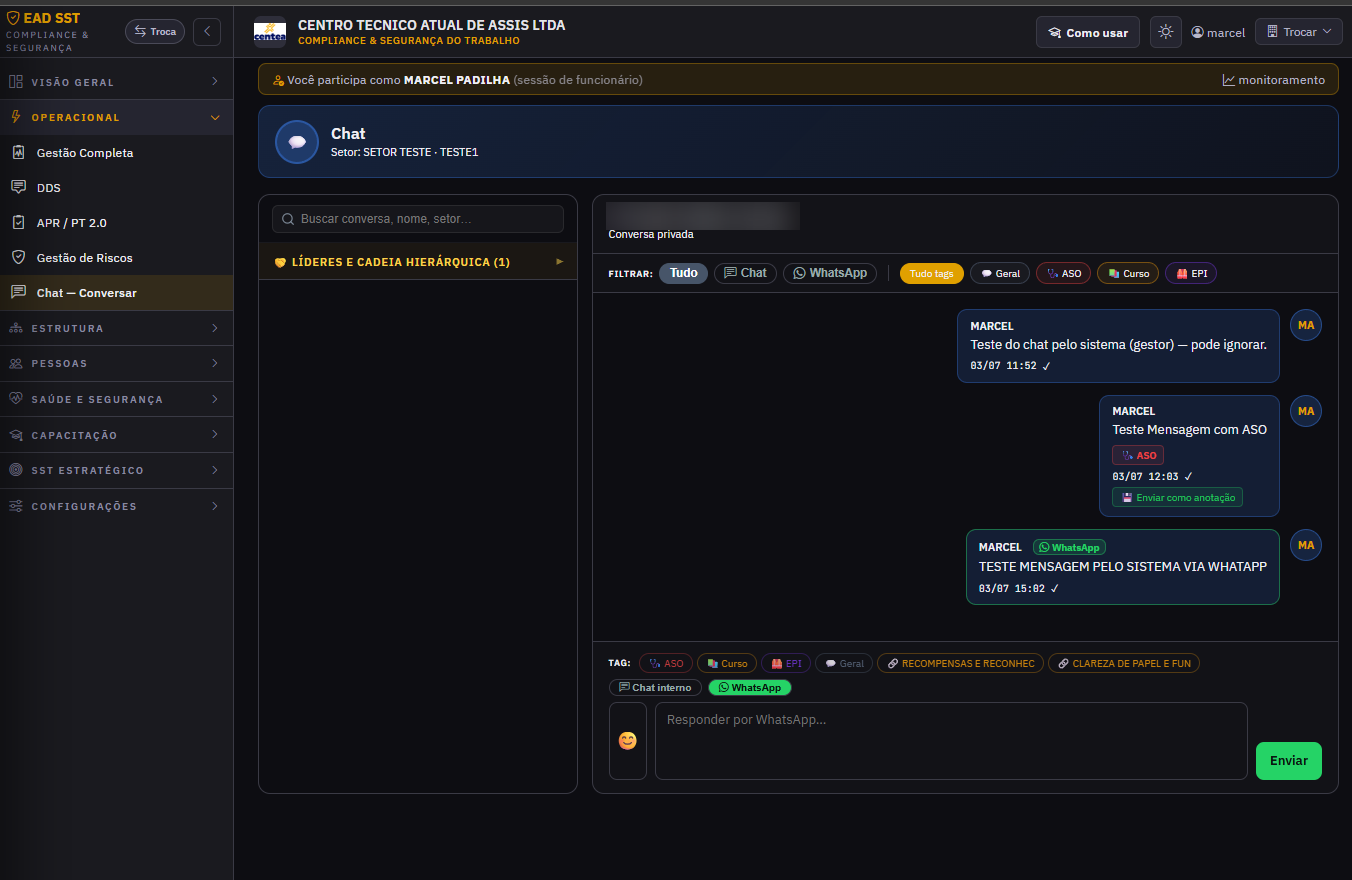Tela 05 — Chat + WhatsApp na mesma conversa: SST Estratégico